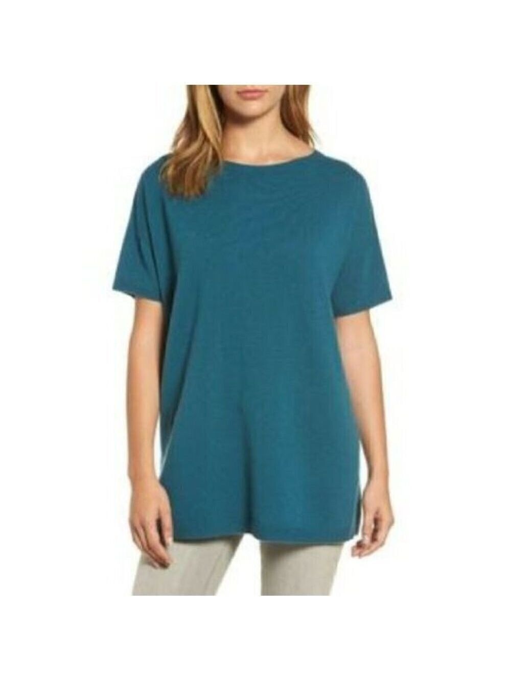 𝅺eileen Fisher Short Sleeve Sweater "Nile" Womens Sz Small Cashmere Boat Neck